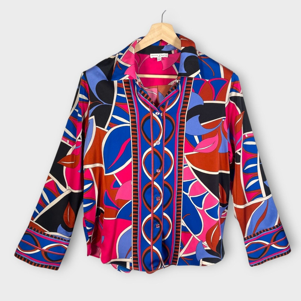 🦜 Maison D'Amelie Blouse Top LARGE Long Sleeve Boho Geometric Art to Wear EUC